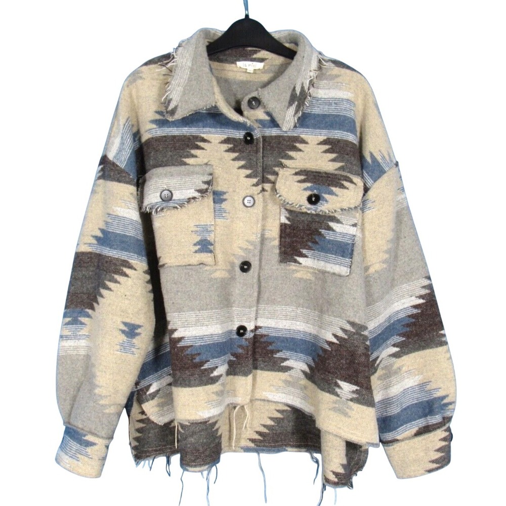 LA MIEL Gray/Blue AZTEC SOUTHWESTERN Mid-Weight Flannel BUTTON-UP Shirt Jacket L